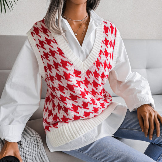 Autumn Winter V-neck Houndstooth Casual Loose Knitted Vest Sweater Waistcoat Women Clothing - Iyanka
