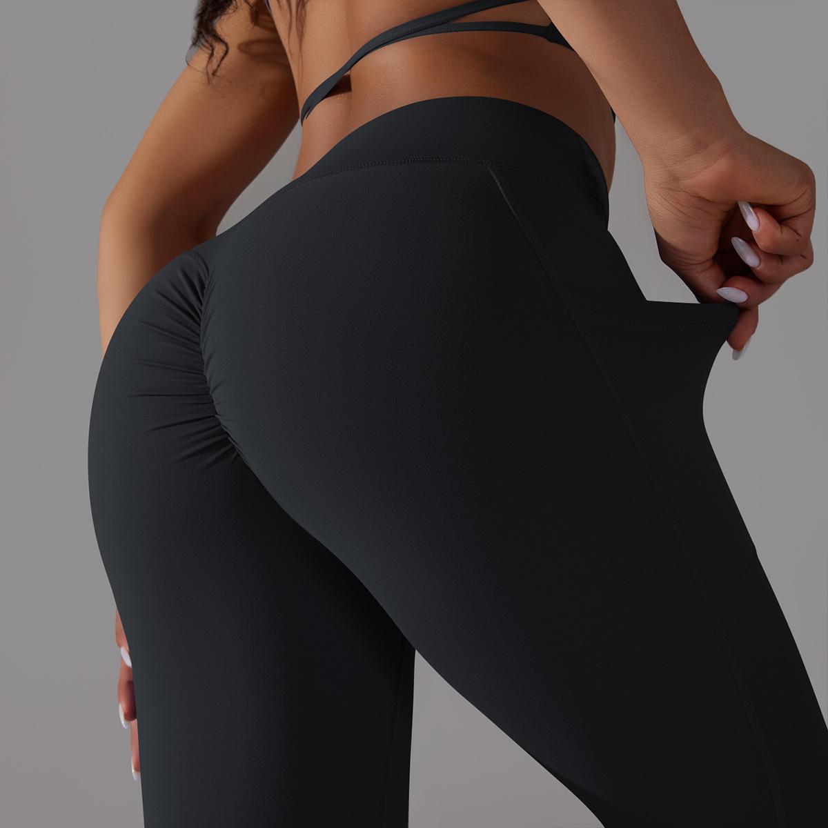 Solid Color Nude Feel Skin Friendly Cross Waist Pocket Yoga Pants High Waist Hip Lift Stretch Fitness Sports Ninth Pants - Iyanka