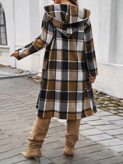 Women Autumn Winter Clothing Casual Loose Contrast Color Breasted Hooded Jacket - Iyanka