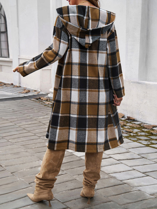 Women Autumn Winter Clothing Casual Loose Contrast Color Breasted Hooded Jacket - Iyanka