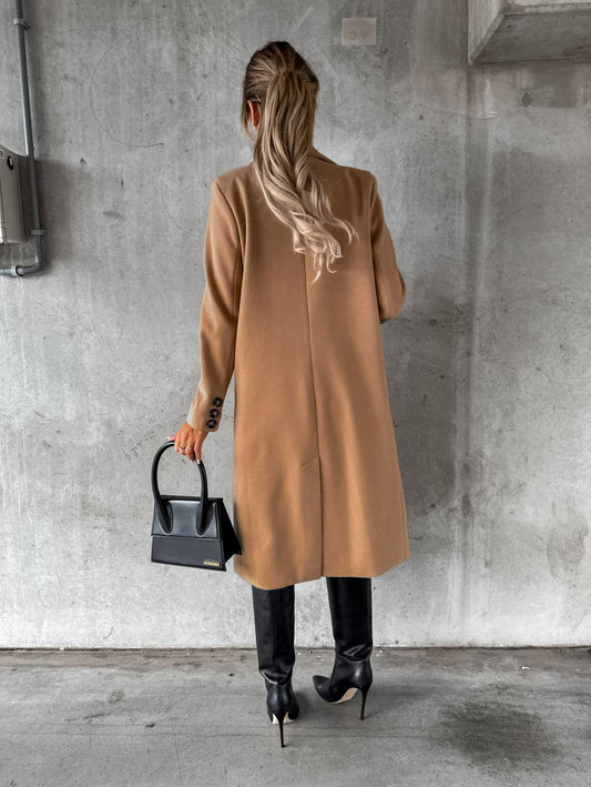 Autumn Winter Women Clothing Long Sleeve Polo Collar Solid Color Double Breasted Slim Fit Coat Overcoat - Iyanka