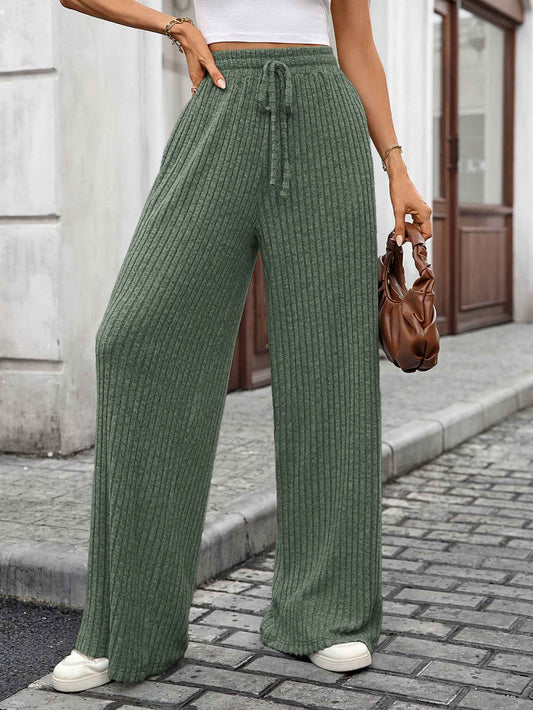 Autumn Winter Solid Color Drawstring Sunken Stripe Brushed Elastic Waist Casual Trousers