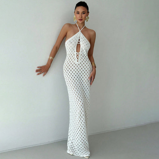 Summer Sexy Cutout Knitted Beach Skirt Bikini Swimsuit Solid Color Dress Women - Iyanka