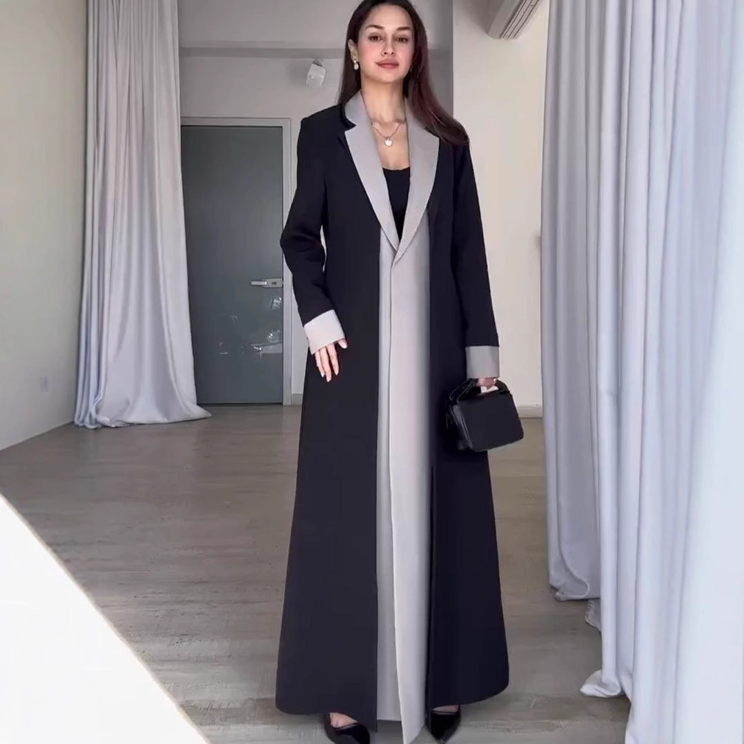 Long Collar Stitching Contrast Color Trench Coat Women Office Coat - Iyanka