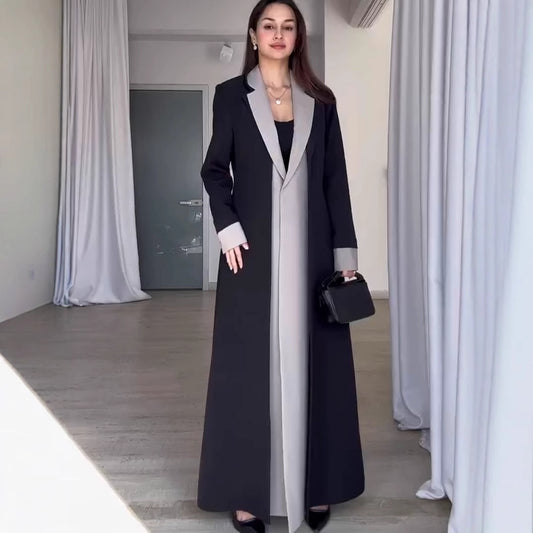 Long Collar Stitching Contrast Color Trench Coat Women Office Coat - Iyanka