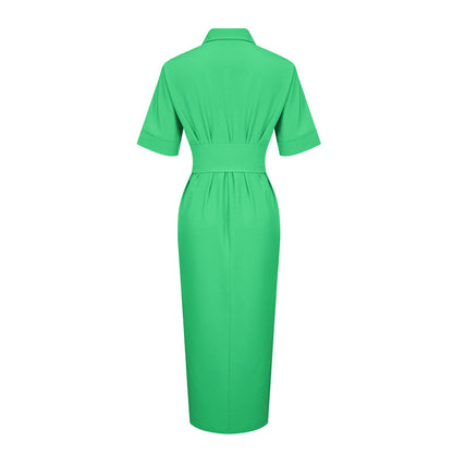 Women Clothing Dress Arrival Collared Elegant Mid Length Short Sleeve Single Breasted High Waist Shirt Dress