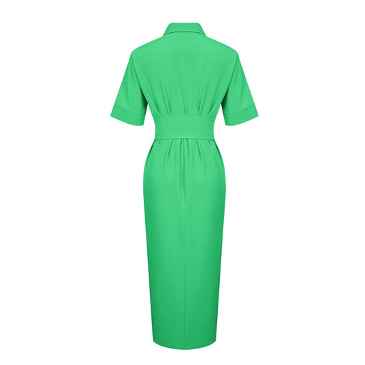 Women Clothing Dress Arrival Collared Elegant Mid Length Short Sleeve Single Breasted High Waist Shirt Dress