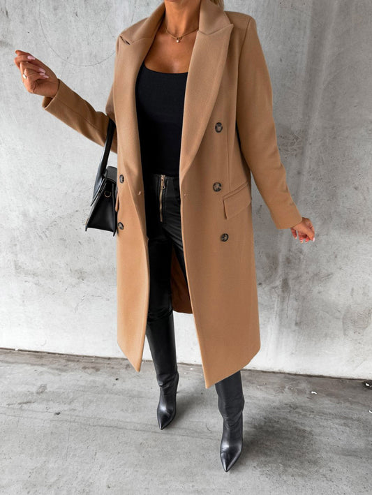 Autumn Winter Women Clothing Long Sleeve Polo Collar Solid Color Double Breasted Slim Fit Coat Overcoat - Iyanka