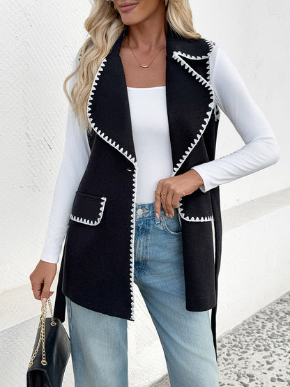 Casual Simple Lace up Cardigan Collared Contrast Color Trim Vest Coat Women - Iyanka