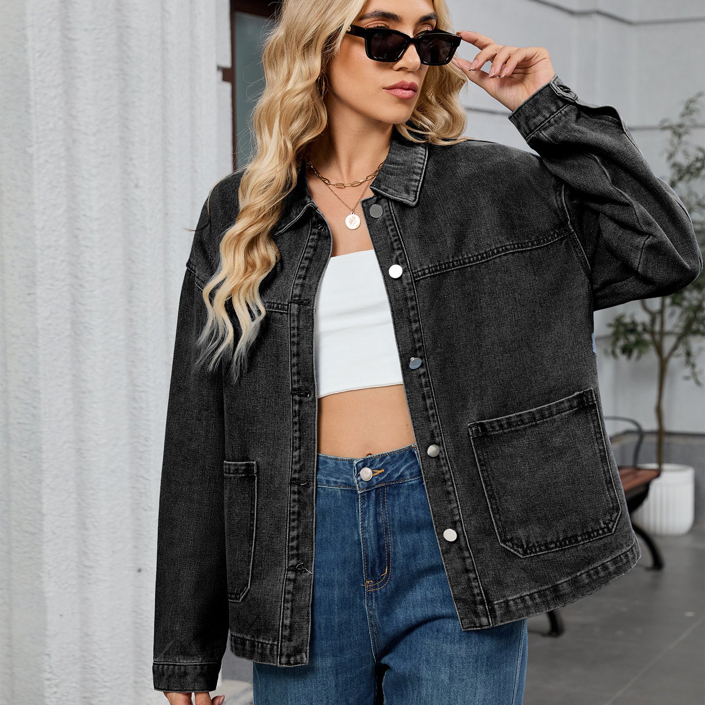 Women Clothing Retro Loose Casual Long Sleeve Coat Early Autumn Polo Collar Denim Coat - Iyanka