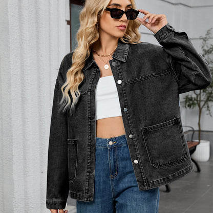 Women Clothing Retro Loose Casual Long Sleeve Coat Early Autumn Polo Collar Denim Coat - Iyanka