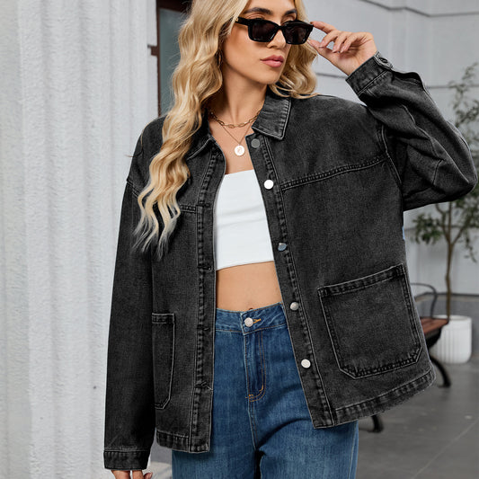 Women Clothing Retro Loose Casual Long Sleeve Coat Early Autumn Polo Collar Denim Coat - Iyanka