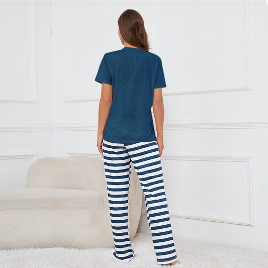 Real Shot round Neck Short Sleeve Top Striped Printed Lace Trousers Home Wear Pajamas Suit for Women - Iyanka