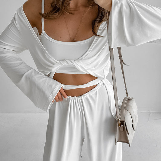 Suspender Top Trousers Long Sleeve Three Piece Set Comfortable Pajamas Autumn Knit Casual Homewear - Iyanka