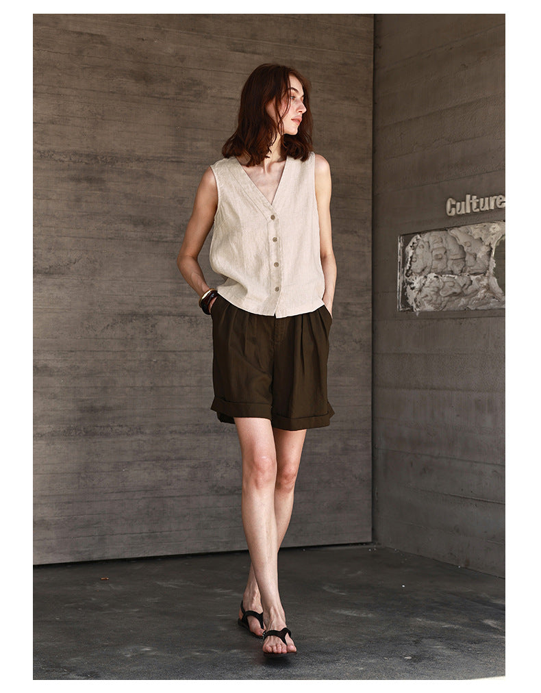 Summer All Linen Women Vests Special Interest Design V neck Sleeveless Top Solid Color Vest - Iyanka