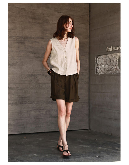 Summer All Linen Women Vests Special Interest Design V neck Sleeveless Top Solid Color Vest - Iyanka