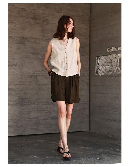 Summer All Linen Women Vests Special Interest Design V neck Sleeveless Top Solid Color Vest - Iyanka