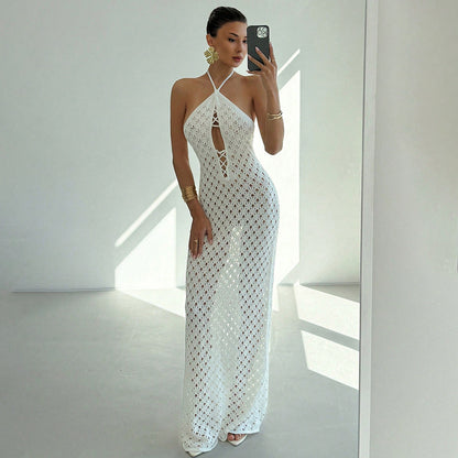 Summer Sexy Cutout Knitted Beach Skirt Bikini Swimsuit Solid Color Dress Women - Iyanka