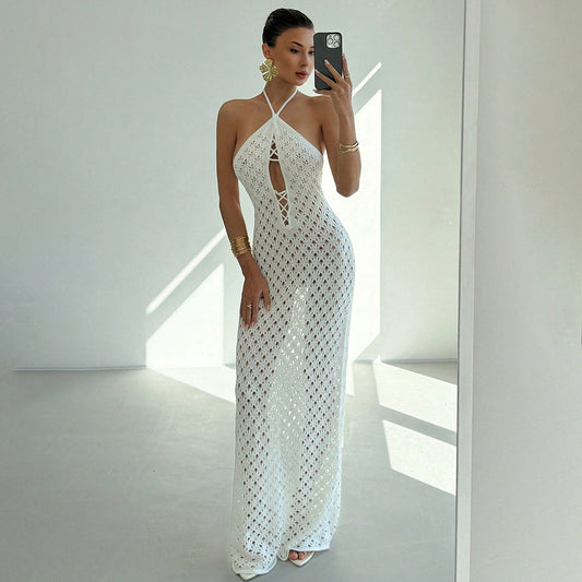 Summer Sexy Cutout Knitted Beach Skirt Bikini Swimsuit Solid Color Dress Women - Iyanka
