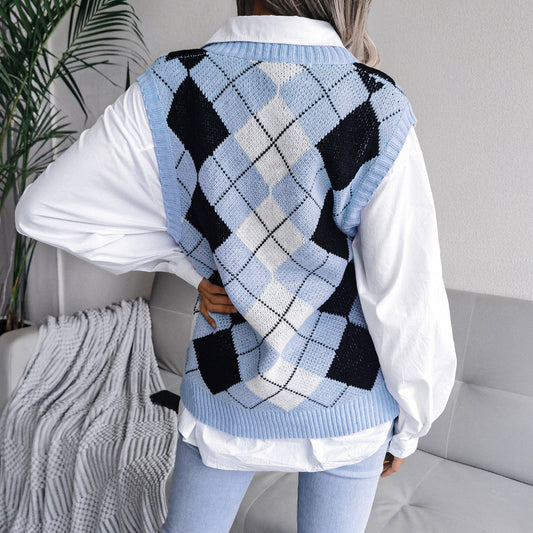Autumn Winter College Rhombus V-neck Casual Loose Knit Vest Sweater Women Clothing - Iyanka