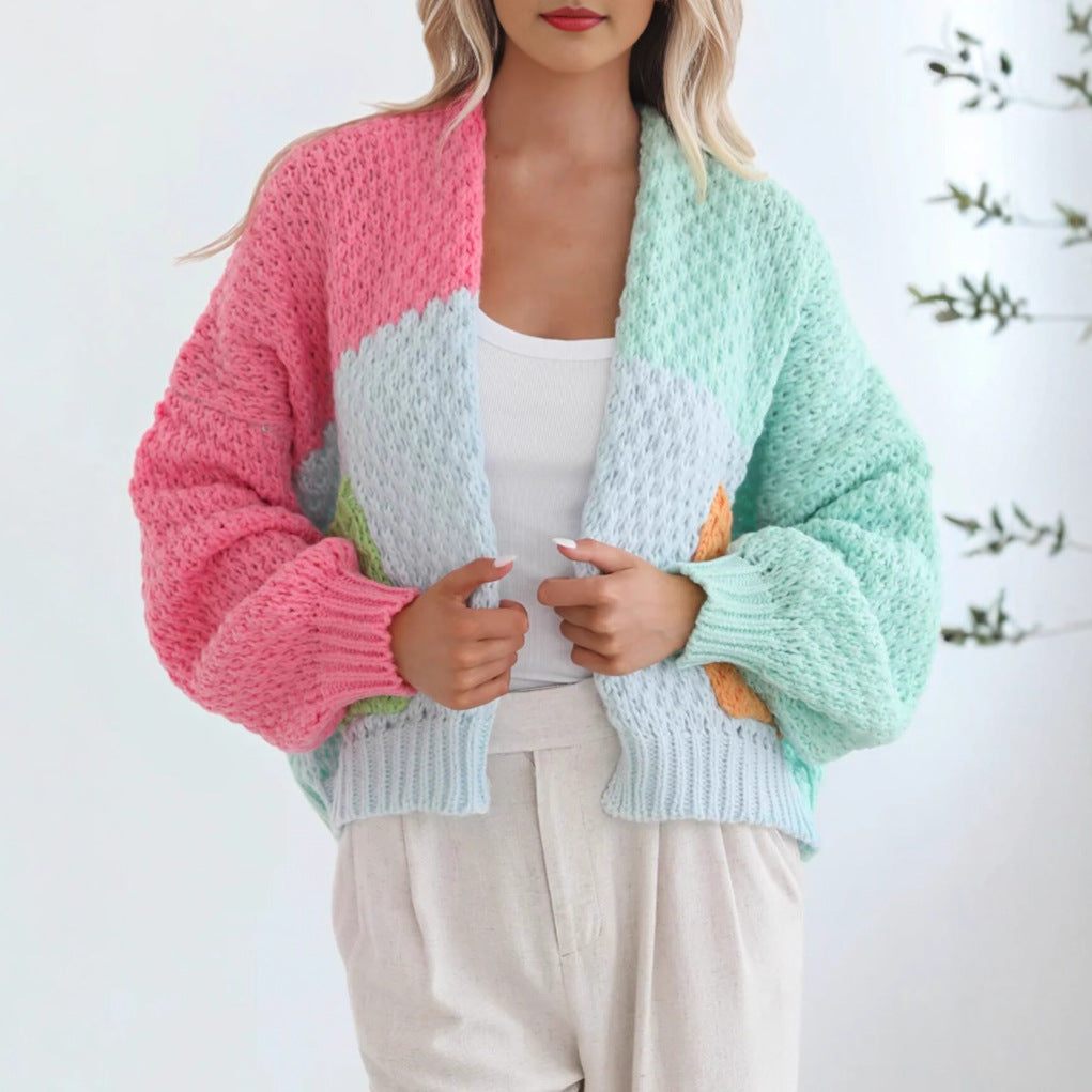 Idle Knitted Pocket Sweater Cardigan Coat Women Thick Needle Contrast Color Single Breasted V neck Top - Iyanka