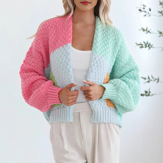 Idle Knitted Pocket Sweater Cardigan Coat Women Thick Needle Contrast Color Single Breasted V neck Top - Iyanka