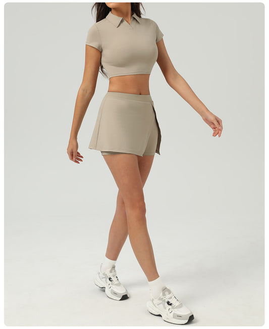 Summer Tennis Skirt Ice Feeling Sun Protection Sports Short Sleeve Top Loose Running Anti Emptied Pantskirt Two Piece Sets - Iyanka