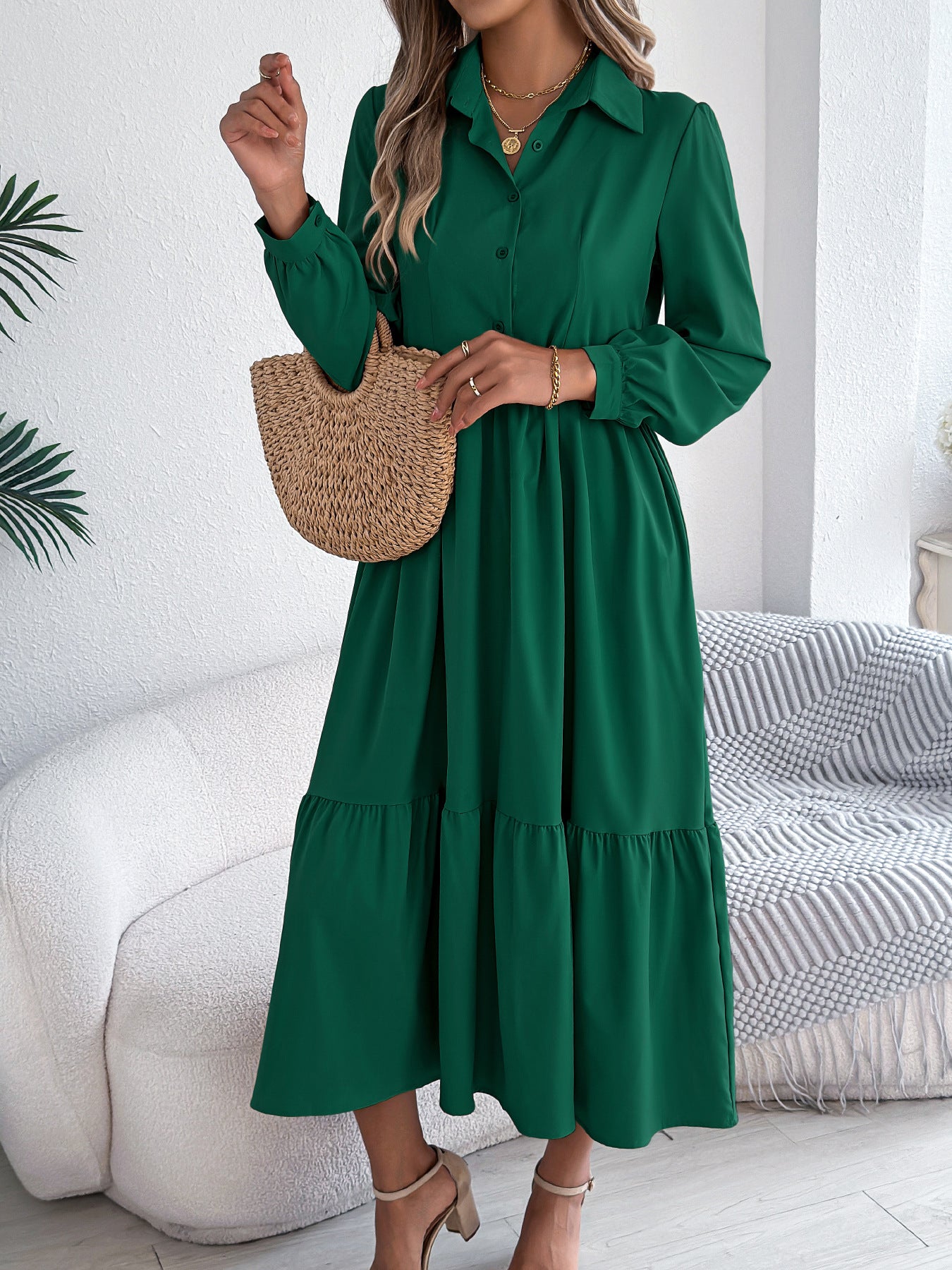 Autumn Winter Collared Casual Loose Long Sleeve Ruffled Shirt Dress Women Clothing