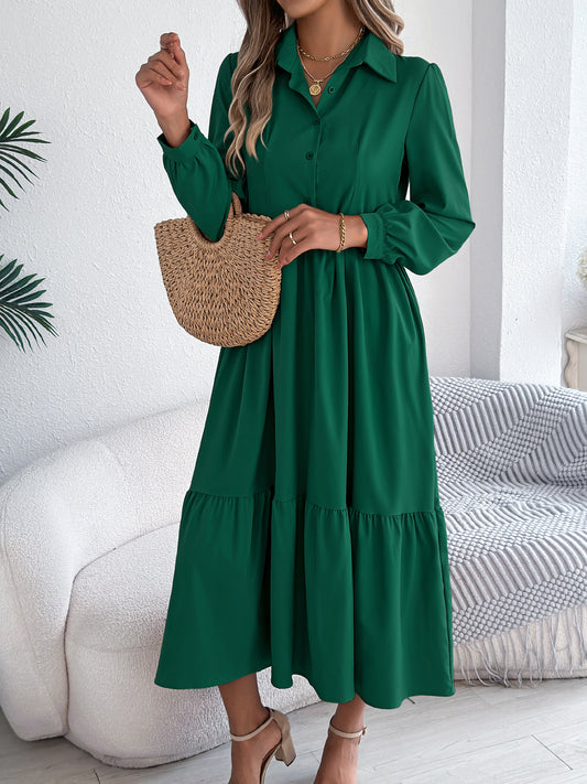 Autumn Winter Collared Casual Loose Long Sleeve Ruffled Shirt Dress Women Clothing
