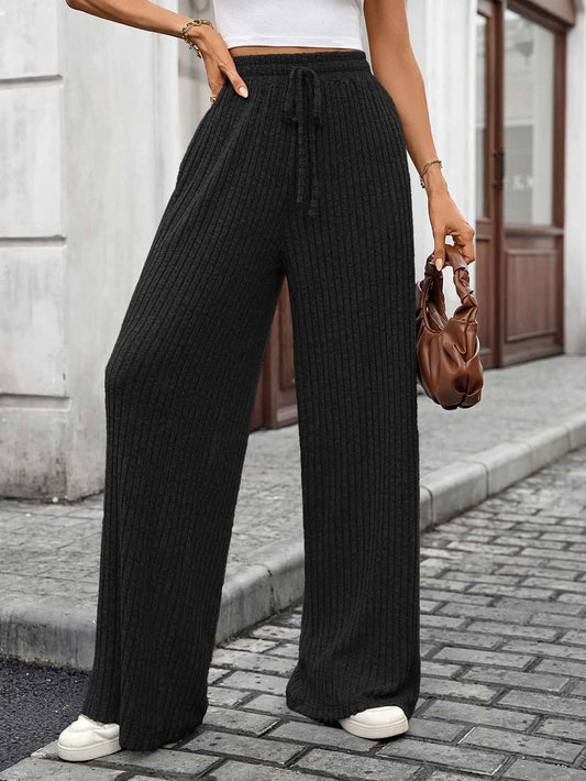 Autumn Winter Solid Color Drawstring Sunken Stripe Brushed Elastic Waist Casual Trousers