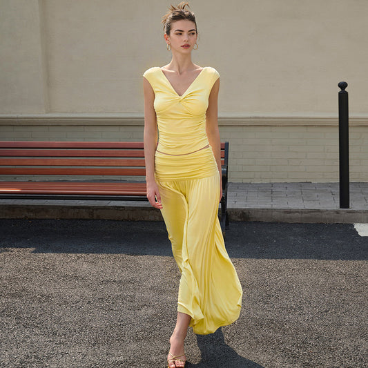 Women Clothing Twisted Two Way off Shoulder Short Sleeve Top Big Hem Umbrella Skirt Two Piece Sets - Iyanka
