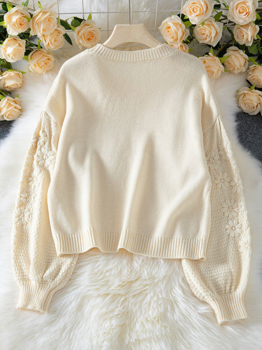 Autumn Winter Fresh Machine Embroidery Three Dimensional Little Daisy Pullover round Neck Loose Knitted Sweater - Iyanka