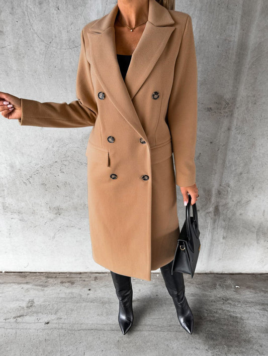 Autumn Winter Women Clothing Long Sleeve Polo Collar Solid Color Double Breasted Slim Fit Coat Overcoat - Iyanka