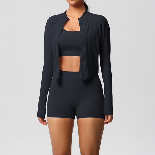 Solid Color Cloud Sense Yoga Bra Sports Coat Pilates Running Shorts Fitness Yoga Wear Three Piece Set for Women - Iyanka