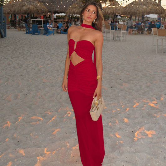 Mesh Stitching Dress Summer Women Clothing Pleated Hollow Out Cutout Sexy Tube Top Dress