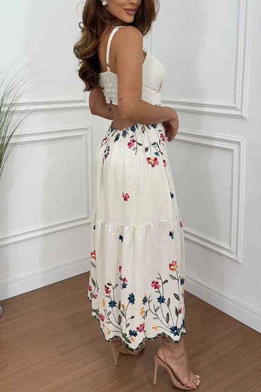Spring Summer Suspender Positioning Floral Print Slit Dress Loose Vacation Dress