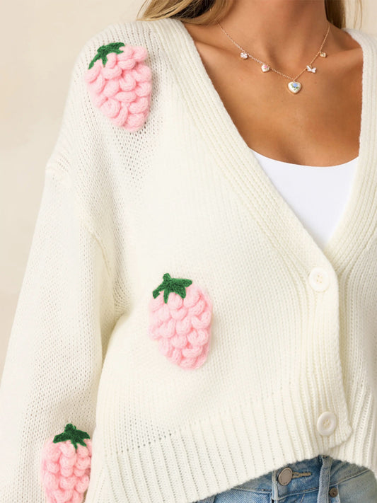 3D Strawberry Pattern Women Elegant Sweater Cardigan Autumn Winter Button Long Sleeve Sweater - Iyanka