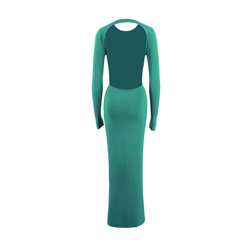 Round Neck Slim Fit Long Sleeved Sexy Backless Sheath Dress Women Clothing