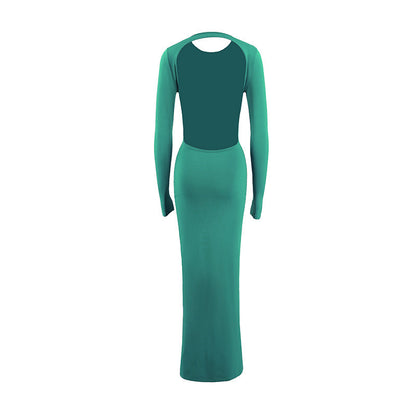 Round Neck Slim Fit Long Sleeved Sexy Backless Sheath Dress Women Clothing