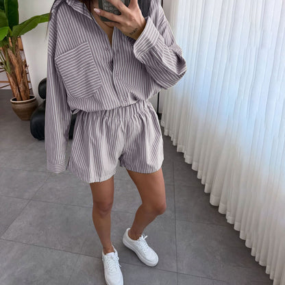 Summer Striped Cardigan Long Sleeved Women Shirt Shorts Two Piece Set - Iyanka