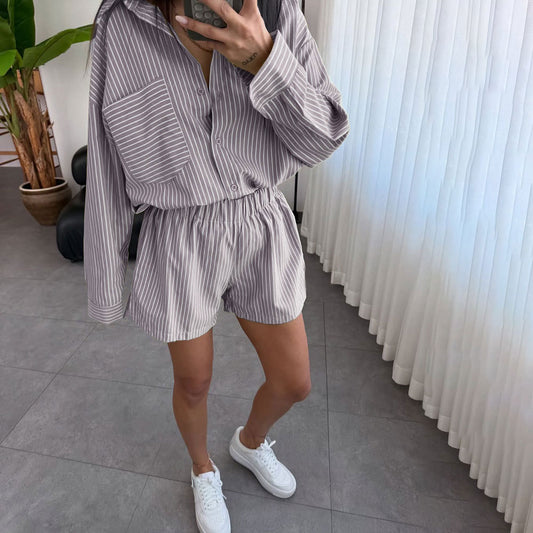 Summer Striped Cardigan Long Sleeved Women Shirt Shorts Two Piece Set - Iyanka