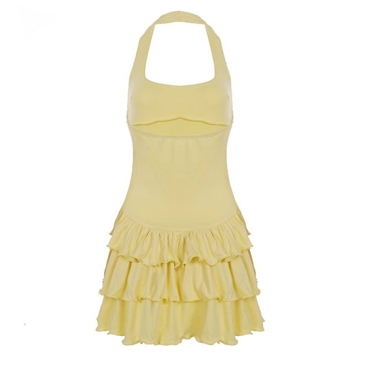 Vacation Women Clothing Solid Color Halter Waist Tight Figure Flattering Puffy Dress Sexy Square Collar A line Tiered Short Dress