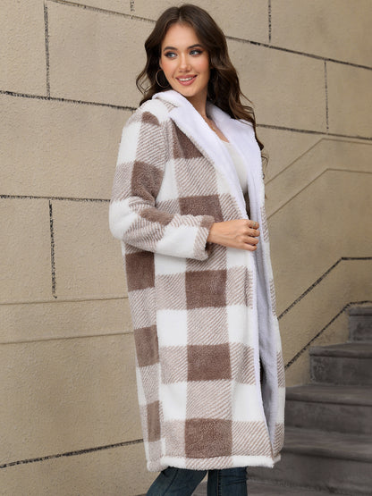 Thickened Two Tone Plush Mid Length Hooded Button Cardigan Coat Overcoat - Iyanka