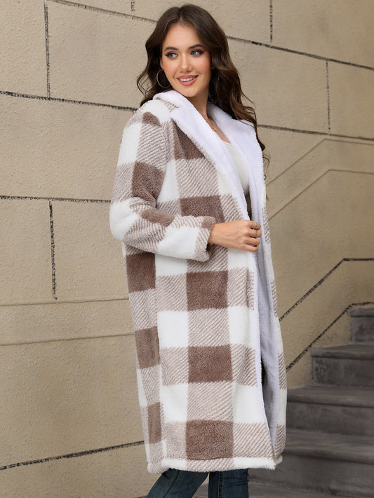 Thickened Two Tone Plush Mid Length Hooded Button Cardigan Coat Overcoat - Iyanka