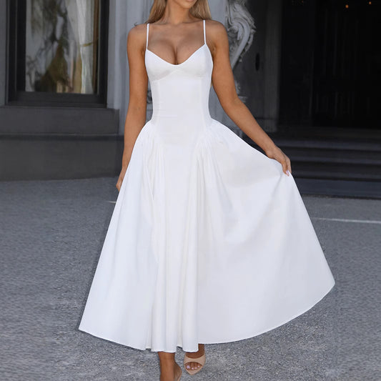 Summer Clothes Women Sexy V neck Strap Dress Long Women Clothing Fitted Waist Backless White Dress - Iyanka