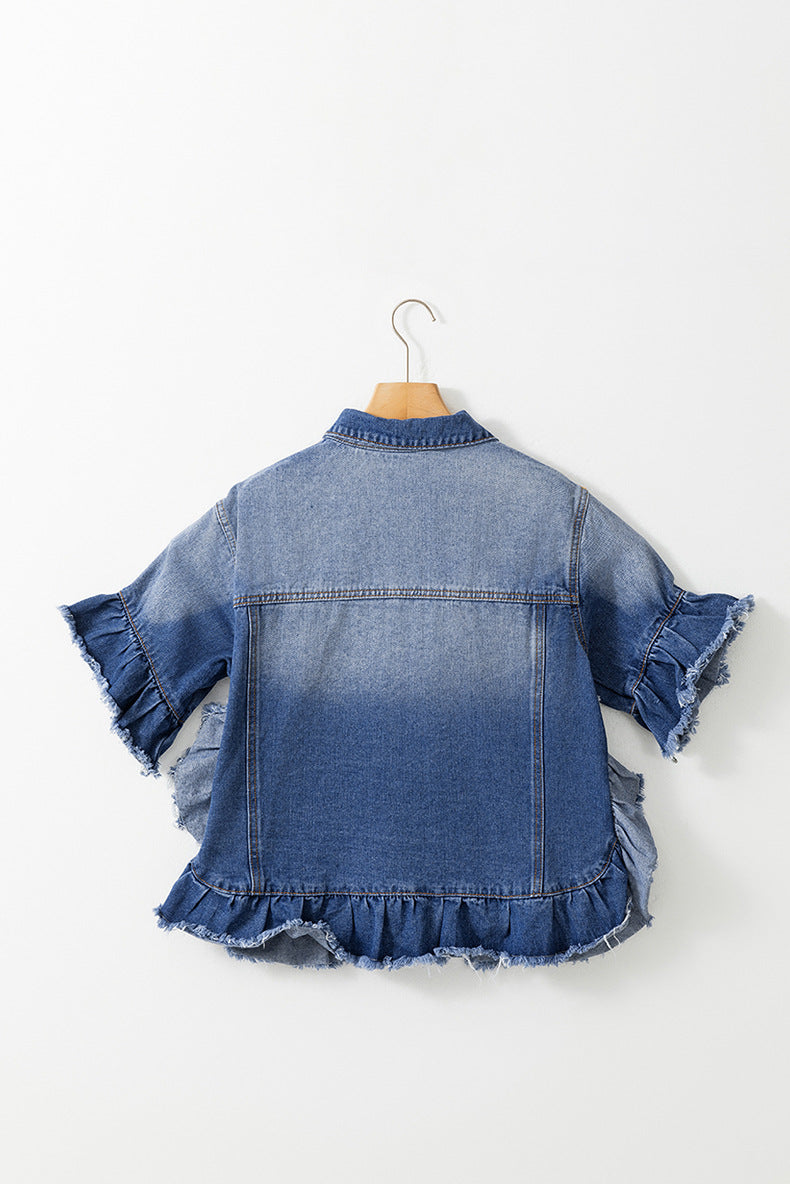 Spring Summer Gradient Color Frayed Hem Denim Jacket Women Single Row Multi Buckle Short Sleeve Top Women - Iyanka