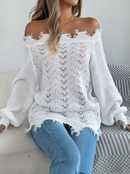 Autumn Winter Solid Color Hollow Out Cutout out Long Sleeve Cut off Shoulder Pullover Sweater Women Clothing - Iyanka