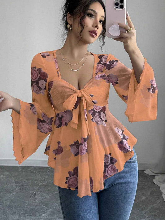 French Sweet Floral Blooming Lace up Square Collar Long Sleeve Shirt