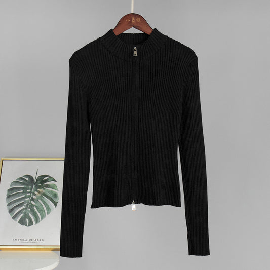 Stand up Collar Slim Fit Long Sleeved Coat Autumn Winter Double Zipper Cardigan Thermal Knitting Coat for Women - Iyanka