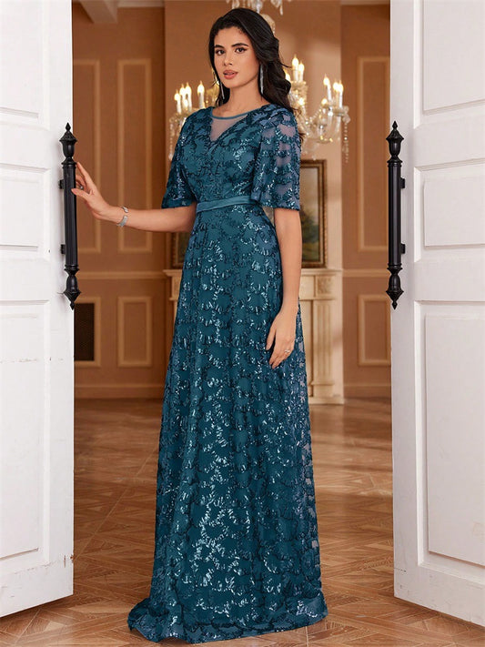 Sequin A line Elegant Square Collar Short Sleeve Party Dress Boning Corset Waist-Tight Dinner Ball Gown - Iyanka